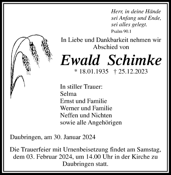 Traueranzeige von Ewald Schimke von Giessener Allgemeine, Alsfelder Allgemeine, Giessener Anzeiger