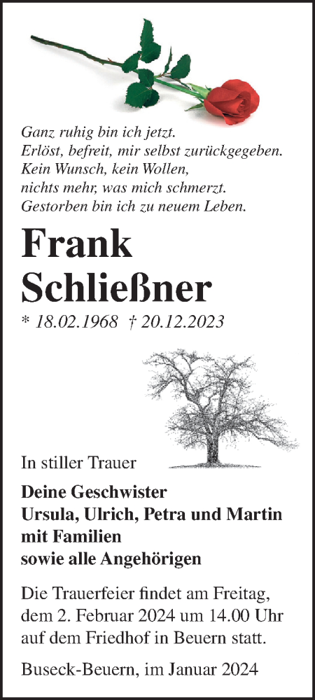 Traueranzeige von Frank Schließner von Giessener Allgemeine, Alsfelder Allgemeine
