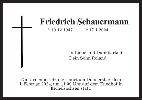 Traueranzeige von Friedrich Schauermann von Kreis-Anzeiger