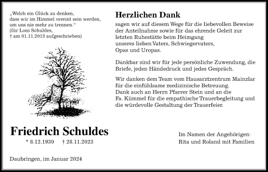 Traueranzeige von Friedrich Schuldes von Giessener Anzeiger, Giessener Allgemeine, Alsfelder Allgemeine