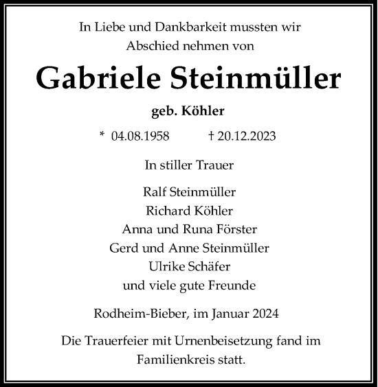 Traueranzeige von Gabriele Steinmüller von Giessener Allgemeine, Alsfelder Allgemeine