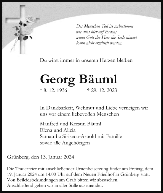 Traueranzeige von Georg Bäuml von Giessener Allgemeine, Alsfelder Allgemeine