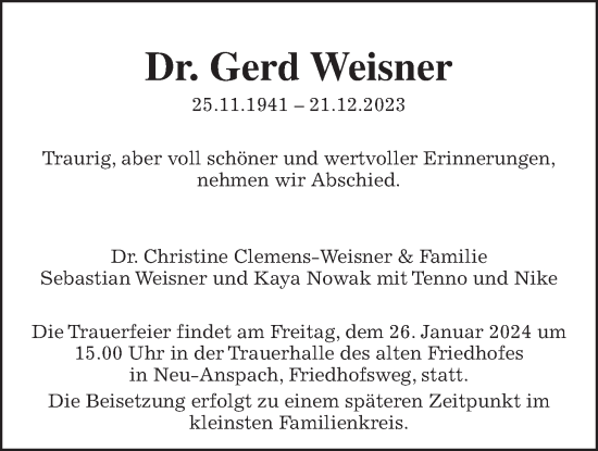 Traueranzeige von Gerd Weisner von Usinger Anzeiger