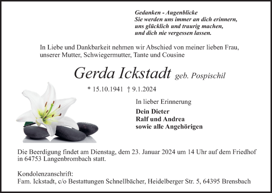 Traueranzeige von Gerda Ickstadt von Bad Vilbel/Karben