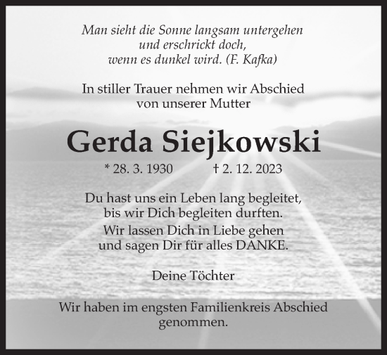 Traueranzeige von Gerda Siejkowski von Licher Wochenblatt, Licher Wochenblatt