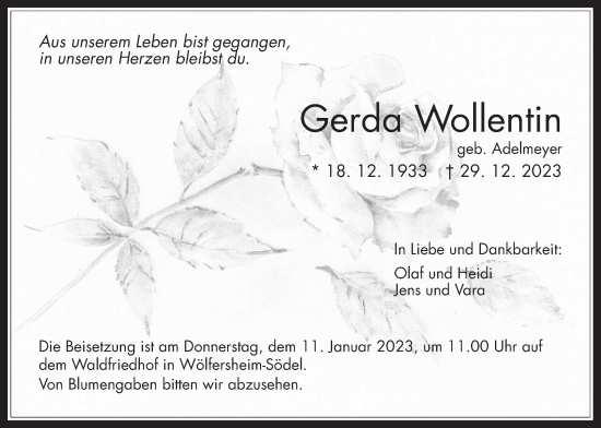 Traueranzeige von Gerda Wollentin von Wetterauer Zeitung