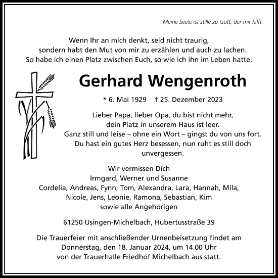 Traueranzeige von Gerhard Wengenroth von Usinger Anzeiger