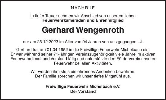 Traueranzeige von Gerhard Wengenroth von Usinger Anzeiger