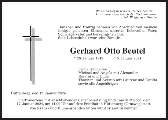 Traueranzeige von Gerhard Otto Beutel von Giessener Allgemeine, Alsfelder Allgemeine
