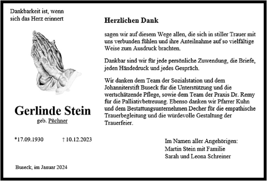 Traueranzeige von Gerlinde Stein von Giessener Allgemeine, Alsfelder Allgemeine, Giessener Anzeiger