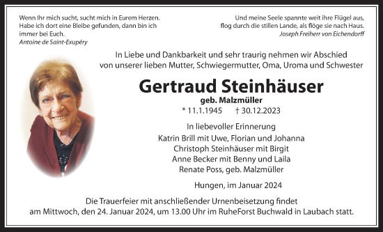 Traueranzeige von Gertraud Steinhäuser von Kreis-Anzeiger