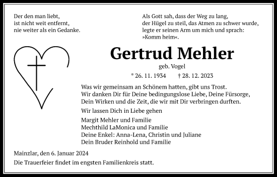 Traueranzeige von Gertrud Mehler von Giessener Allgemeine, Alsfelder Allgemeine, Giessener Anzeiger