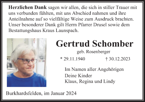 Traueranzeige von Gertrud Schomber von Licher Wochenblatt, Licher Wochenblatt