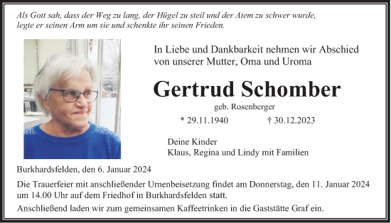Traueranzeige von Gertrud Schomber von Giessener Allgemeine, Alsfelder Allgemeine