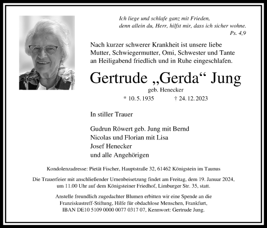 Traueranzeige von Gertrude Jung 