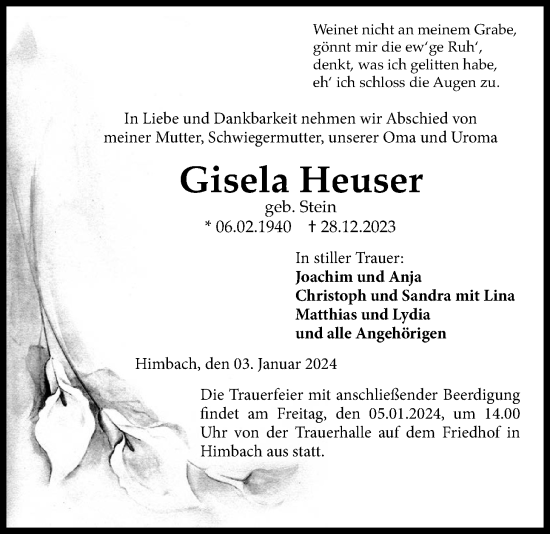 Traueranzeige von Gisela Heuser von Kreis-Anzeiger