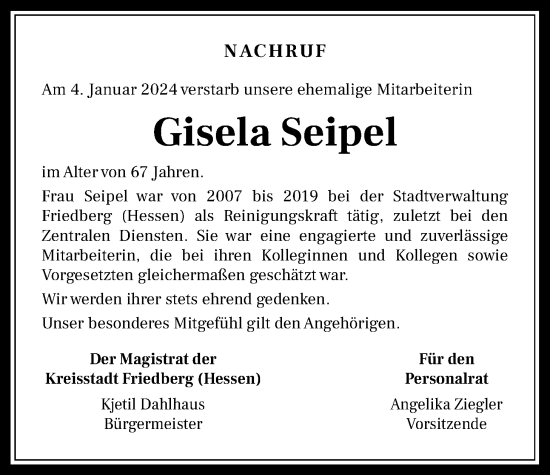 Traueranzeige von Gisela Seipel von Wetterauer Zeitung