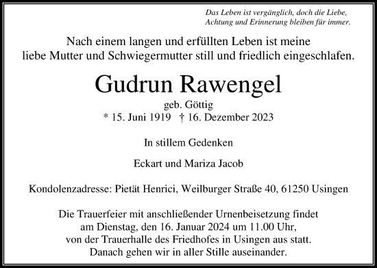 Traueranzeige von Gudrun Rawengel von Usinger Anzeiger