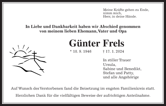 Traueranzeige von Günter Frels von Licher Wochenblatt