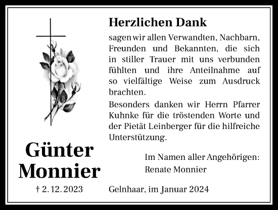 Traueranzeige von Günter Monnier von Kreis-Anzeiger