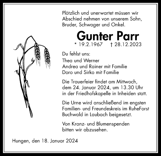 Traueranzeige von Gunter Parr von Licher Wochenblatt, Licher Wochenblatt