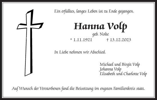 Traueranzeige von Hanna Volp von Wetterauer Zeitung
