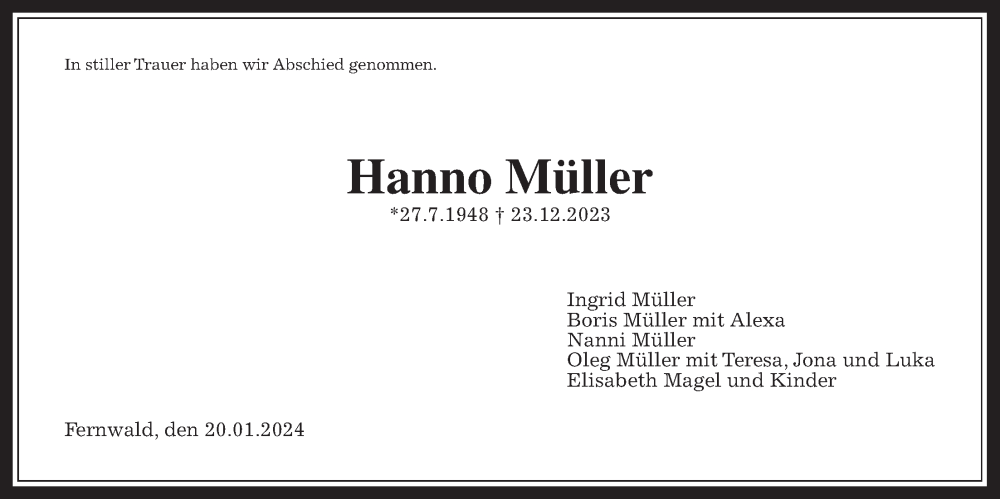  Traueranzeige für Hanno Müller vom 20.01.2024 aus Giessener Allgemeine, Alsfelder Allgemeine, Giessener Anzeiger
