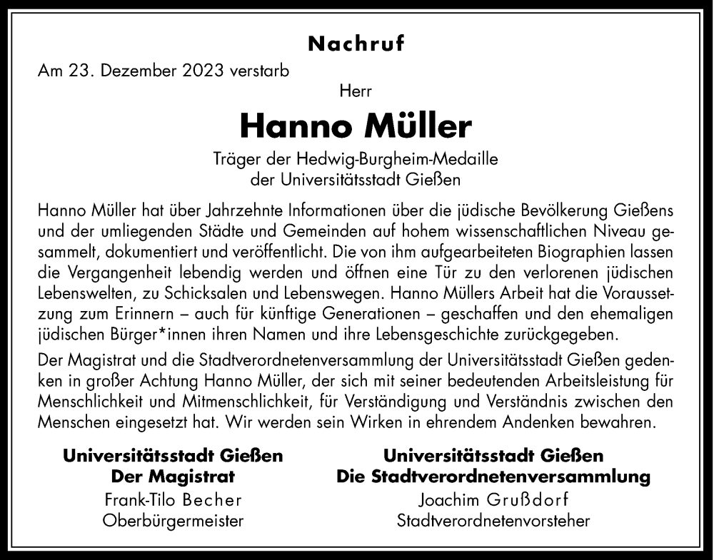  Traueranzeige für Hanno Müller vom 20.01.2024 aus Giessener Allgemeine, Alsfelder Allgemeine, Giessener Anzeiger