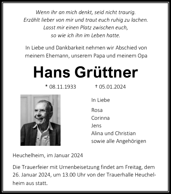 Traueranzeige von Hans Grüttner von Giessener Allgemeine, Alsfelder Allgemeine