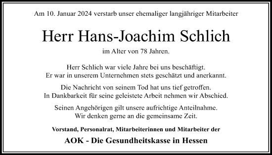 Traueranzeige von Hans-Joachim Schlich von Kreis-Anzeiger