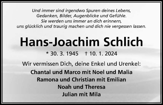 Traueranzeige von Hans-Joachim Schlich von Kreis-Anzeiger