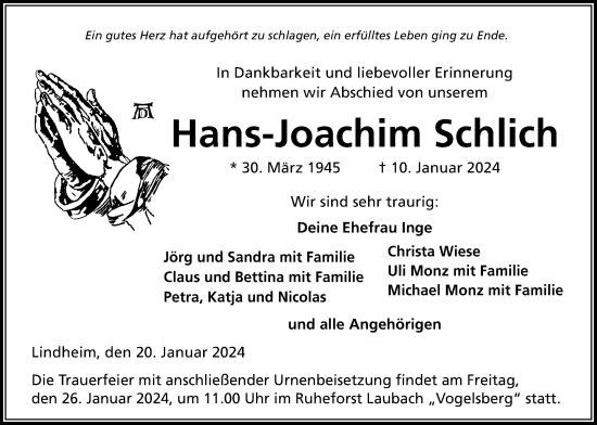 Traueranzeige von Hans-Joachim Schlich von Kreis-Anzeiger