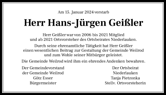 Traueranzeige von Hans-Jürgen Geißler von Usinger Anzeiger