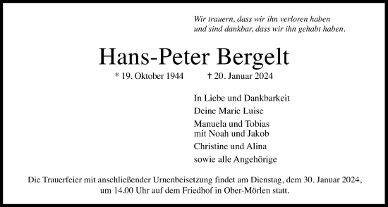 Traueranzeige von Hans-Peter Bergelt von Wetterauer Zeitung