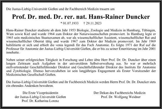Traueranzeige von Hans-Rainer Duncker von Giessener Allgemeine, Alsfelder Allgemeine, Giessener Anzeiger