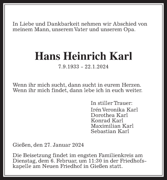Traueranzeige von Hans Heinrich Karl von Giessener Allgemeine, Alsfelder Allgemeine