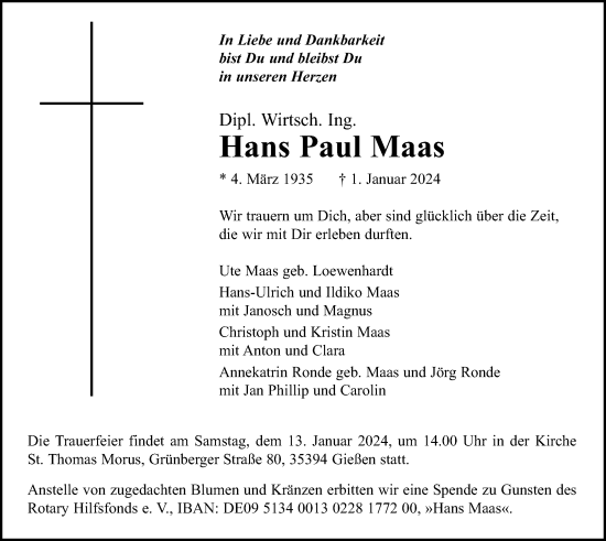 Traueranzeige von Hans Paul Maas von Giessener Anzeiger, Giessener Allgemeine, Alsfelder Allgemeine