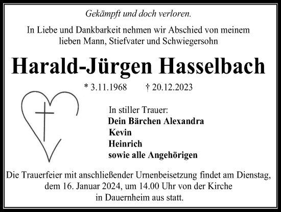 Traueranzeige von Harald-Jürgen Hasselbach von Kreis-Anzeiger