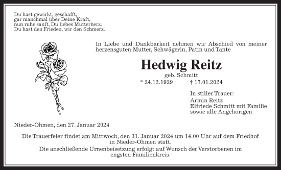 Traueranzeige von Hedwig Reitz von Giessener Allgemeine, Alsfelder Allgemeine