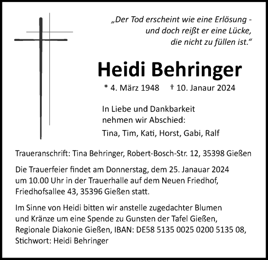 Traueranzeige von Heidi Behringer von Giessener Anzeiger, Giessener Allgemeine, Alsfelder Allgemeine
