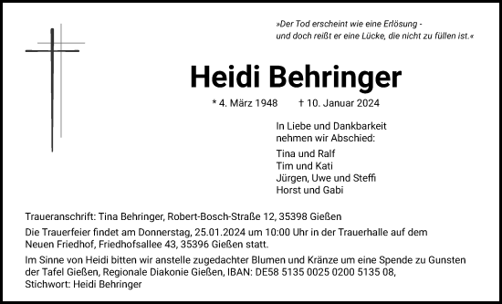 Traueranzeige von Heidi Behringer von Giessener Anzeiger, Giessener Allgemeine, Alsfelder Allgemeine