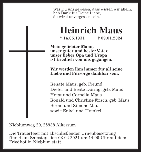 Traueranzeige von Heinrich Maus 
