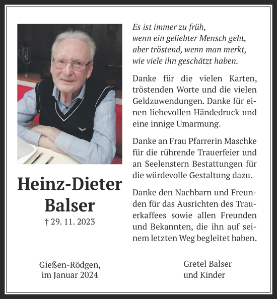 Traueranzeige von Heinz-Dieter Balser von Giessener Anzeiger, Giessener Allgemeine, Alsfelder Allgemeine