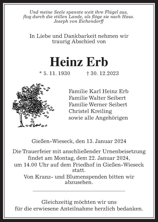 Traueranzeige von Heinz Erb von Giessener Anzeiger, Giessener Allgemeine, Alsfelder Allgemeine