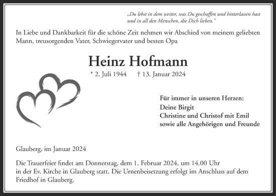 Traueranzeige von Heinz Hofmann von Kreis-Anzeiger