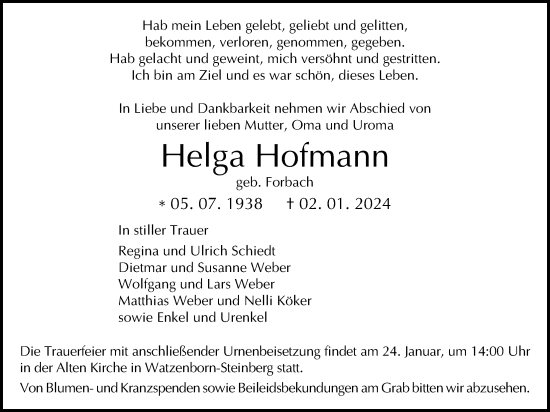 Traueranzeige von Helga Hofmann von Pohlheimer Nachrichten, Pohlheimer Nachrichten