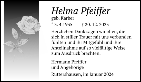 Traueranzeige von Helma Pfeiffer von Giessener Allgemeine, Alsfelder Allgemeine, Giessener Anzeiger