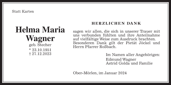 Traueranzeige von Helma Maria Wagner von Wetterauer Zeitung