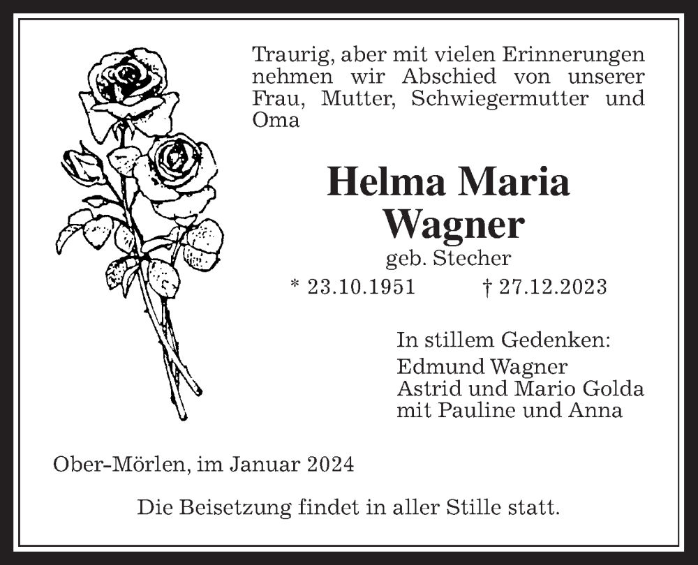  Traueranzeige für Helma Maria Wagner vom 05.01.2024 aus Wetterauer Zeitung