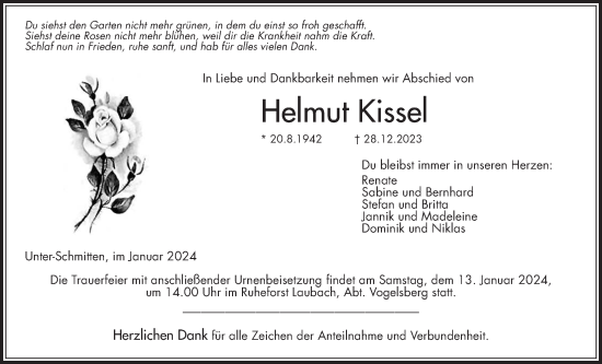 Traueranzeige von Helmut Kissel von Kreis-Anzeiger